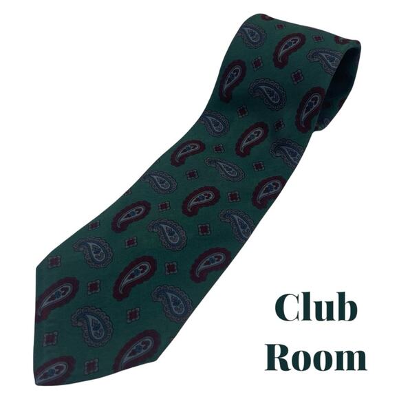 Club Room Green Navy Burgundy Paisley Print Pure Silk Career Office Necktie NWOT - Picture 1 of 6